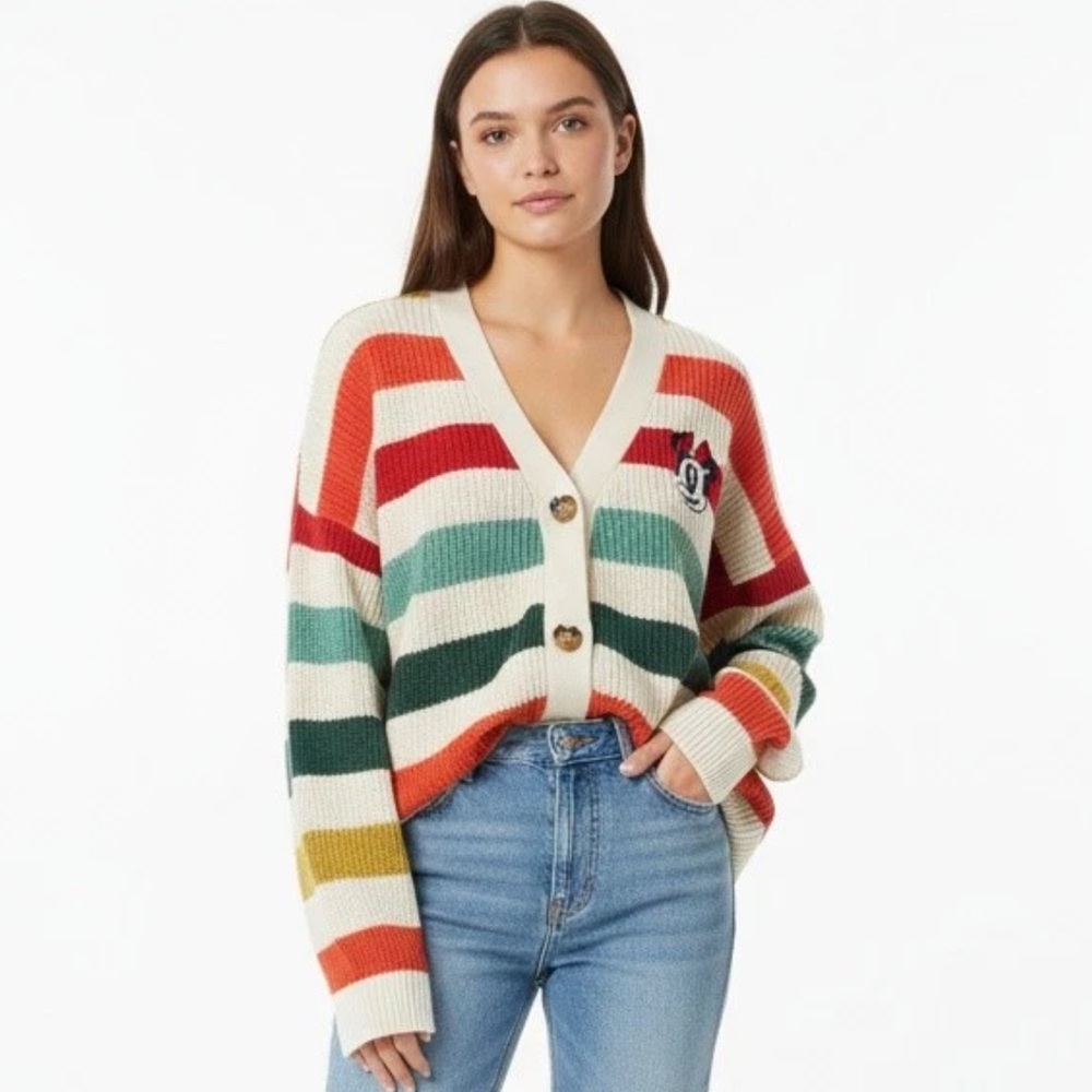 NWT Disney Parks Minnie Mouse Striped Cardigan Sweater Wood‎ Mouse Buttons 1X